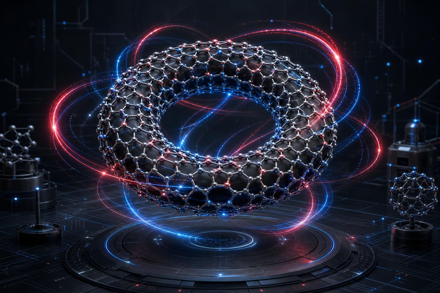 Isometric scientific illustration of a doughnut-shaped carbon nanotorus molecule with glowing electron vortex rings flowing around it in three dimensions, set against a dark quantum physics laboratory background with faint circuit-like grid lines