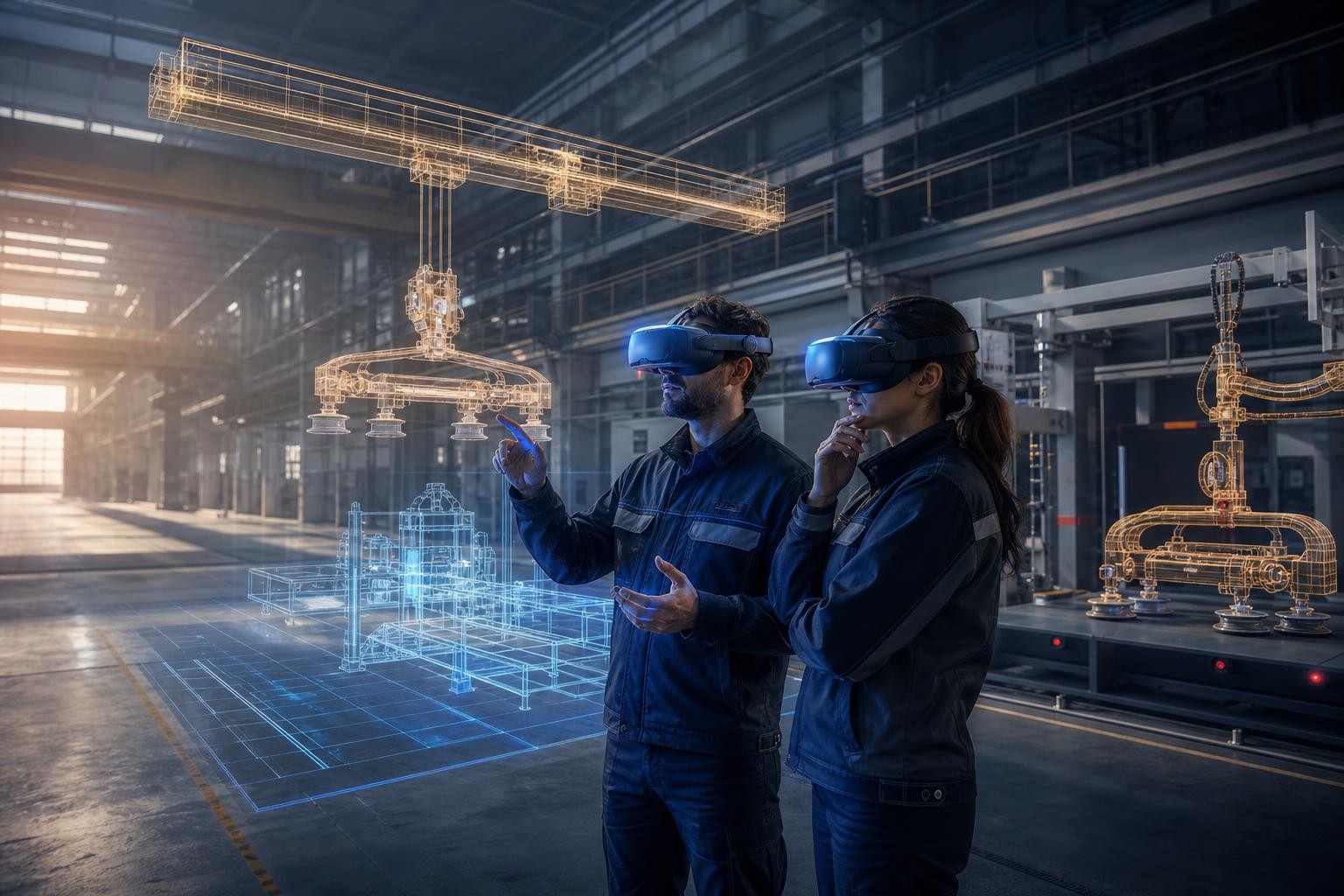 Isometric illustration of an industrial planning session: two engineers wearing VR headsets standing inside a virtual factory hall, surrounded by holographic crane and vacuum handling equipment, clean technical environment with soft blue lighting