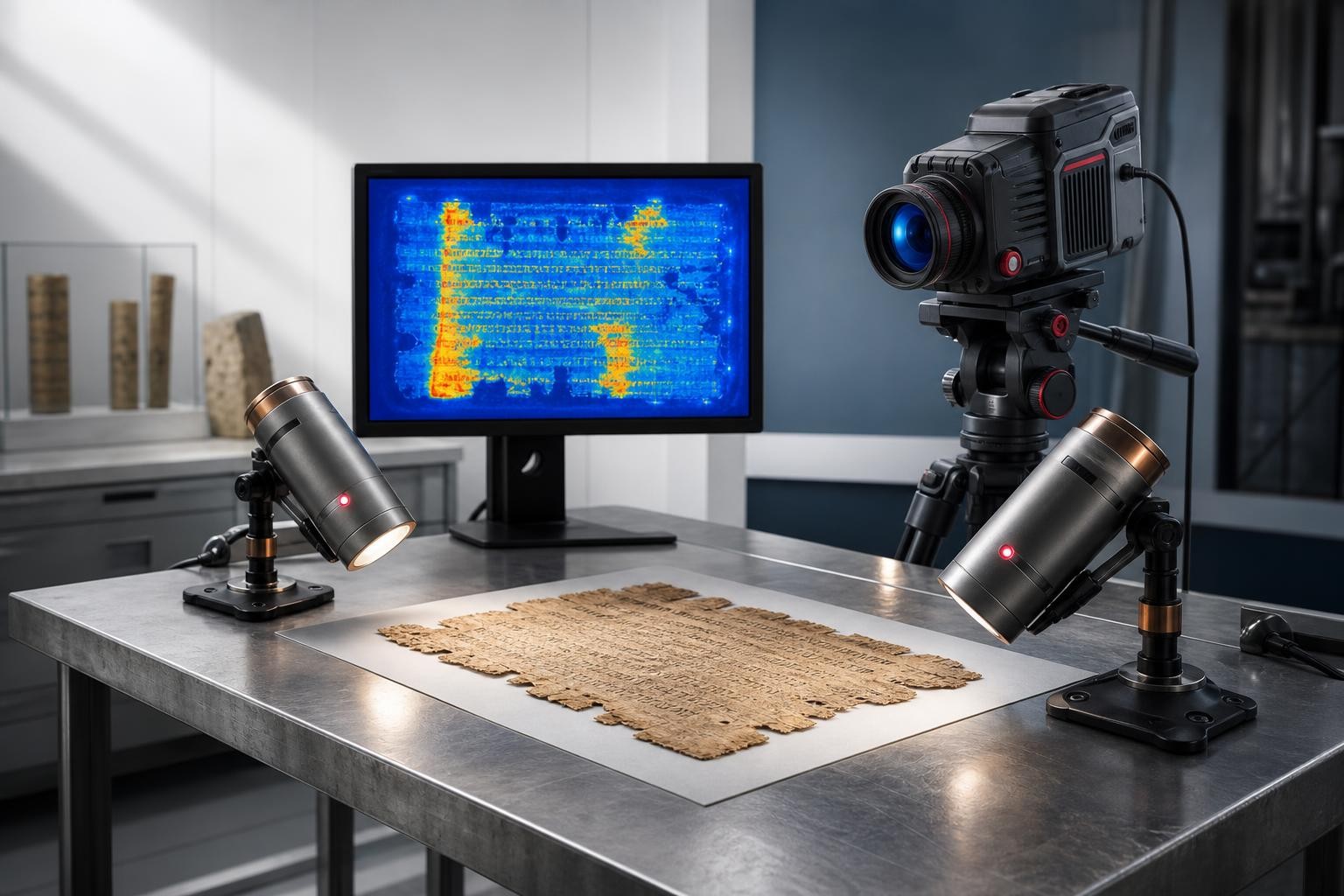 Close-up isometric illustration of a fragile ancient papyrus scroll fragment on a laboratory table, with an infrared thermal camera on a tripod aimed at it, two flash lamps positioned at 45 degrees, and a monitor showing a thermal heatmap revealing faint text characters