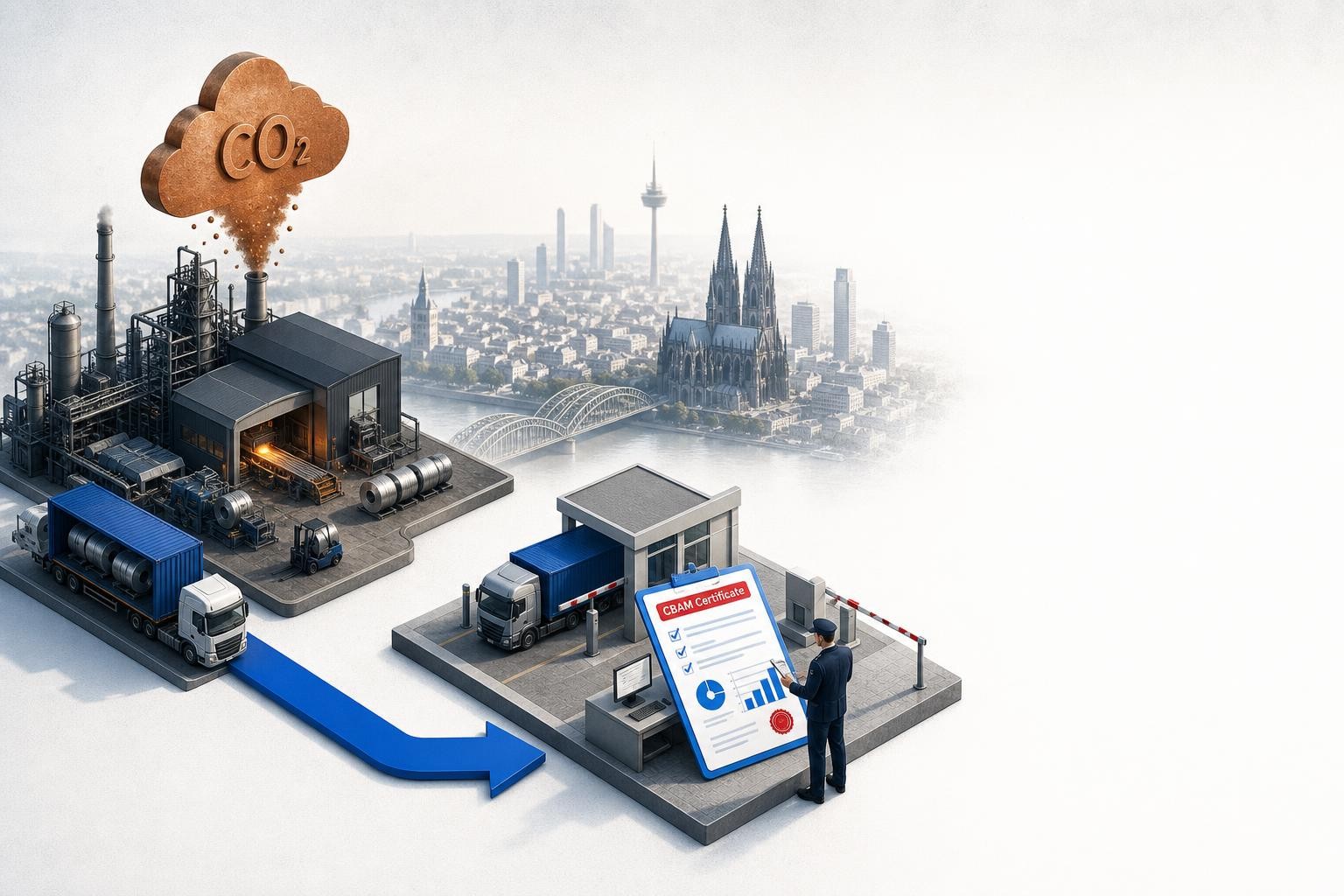 Isometric diagram showing a supply chain flow: a factory in a third country producing steel, with a CO2 emissions cloud above it, connected by an arrow to a customs checkpoint at the EU border, where a document labeled 'CBAM Certificate' is being processed, with a European city skyline in the background