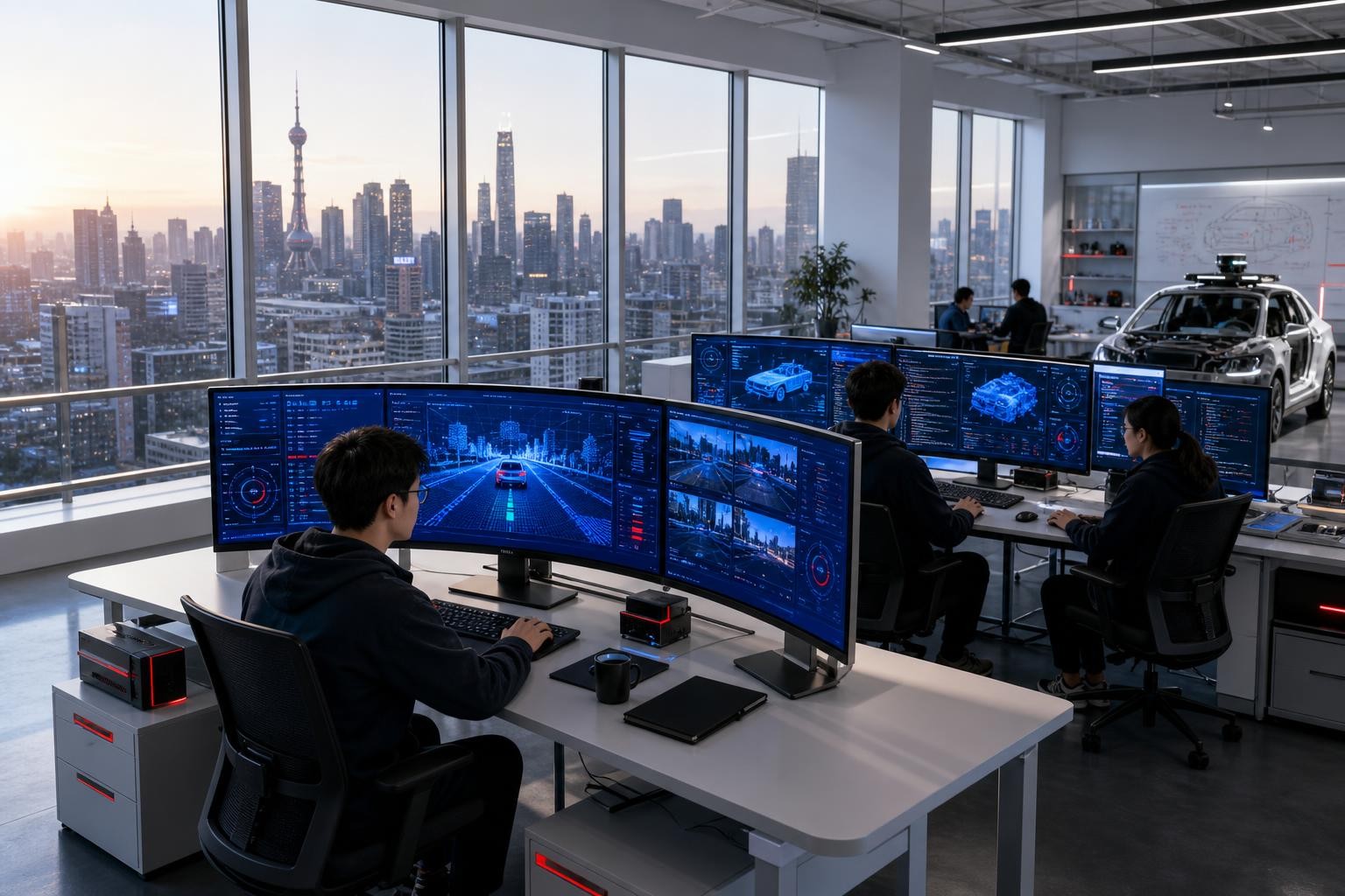 Isometric illustration of a modern automotive software development lab in China, engineers working at large curved screens showing autonomous driving sensor data and AI model visualizations, clean open-plan office with city skyline visible through floor-to-ceiling windows