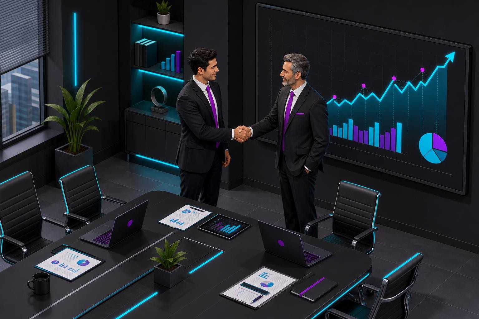Isometric illustration of a business handshake between a company founder and a private equity investor at a conference table, with a growth chart visible on a screen in the background, clean modern office setting