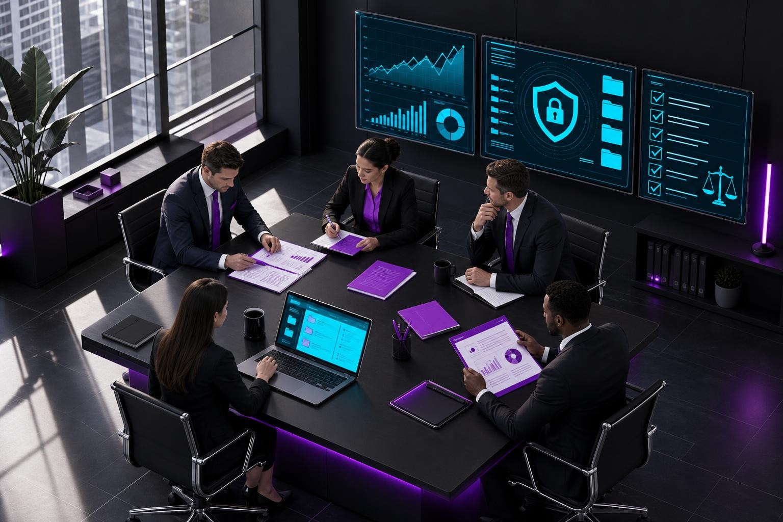 Isometric illustration of a structured M&A data room process: a professional team of advisors at a conference table reviewing documents, digital screens showing financial charts and legal checklists, a secure virtual data room interface visible on a laptop, clean office environment with natural light