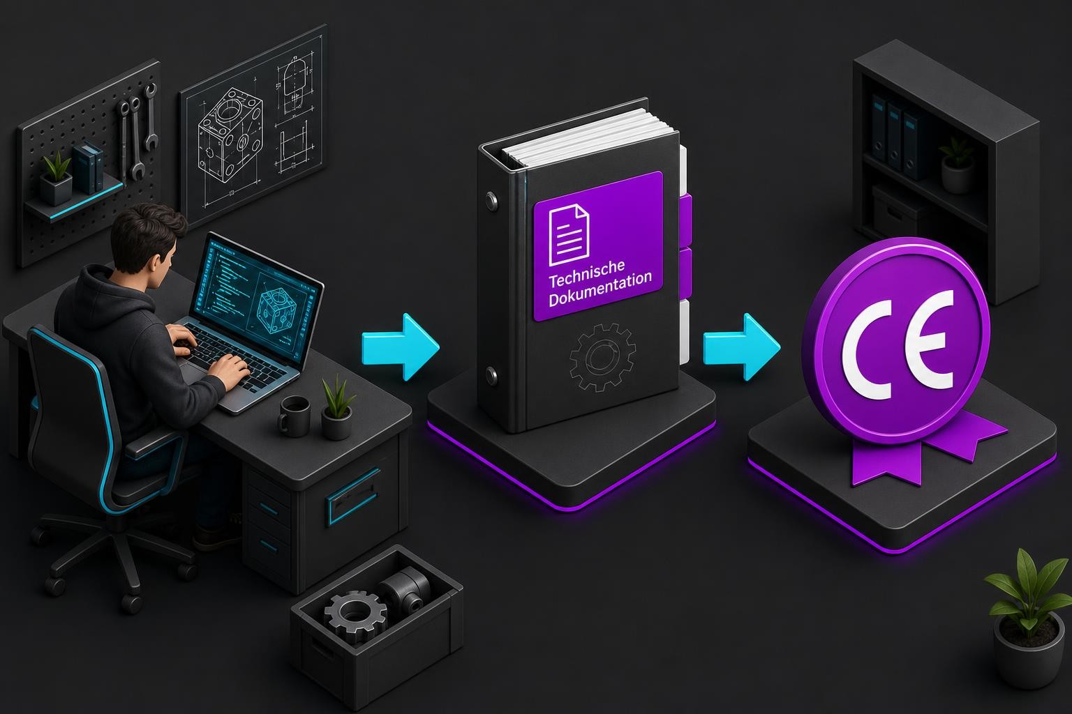 Isometric illustration of a software compliance workflow: a developer at a laptop on the left, a document labeled 'Technische Dokumentation' in the center, and a CE mark badge on the right, connected by arrows showing a sequential process, clean office environment, neutral background