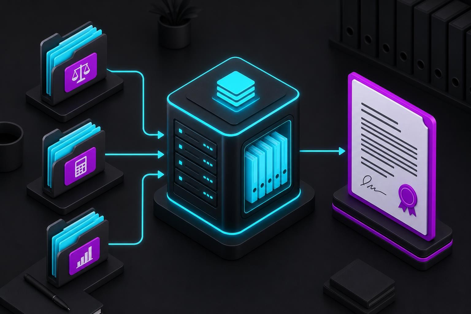 Isometric illustration of a structured M&A due diligence process: three labeled folders (Legal, Tax, Financial) feeding into a central data room server, with a contract document on the right side representing the SPA. Clean, professional office setting with soft lighting.