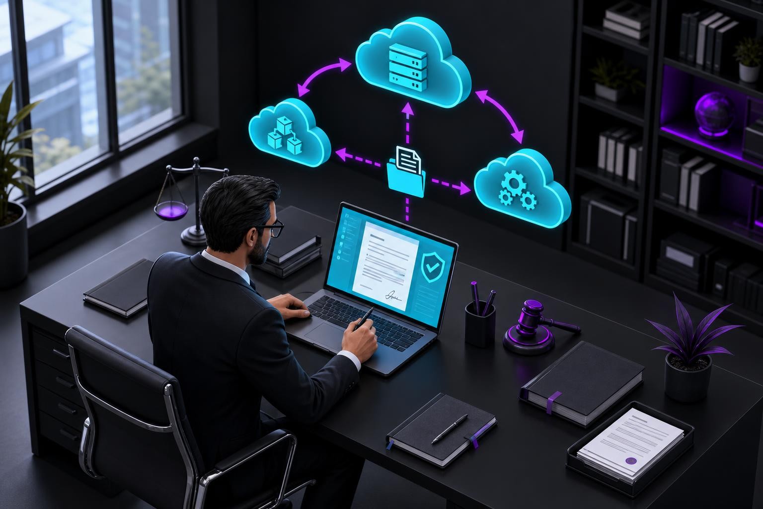 Isometric illustration of a legal compliance workflow: a lawyer at a desk reviewing a digital contract on a laptop, with cloud service icons (IaaS, PaaS, SaaS) floating above connected by arrows showing data portability and switching paths, clean office environment with soft natural light