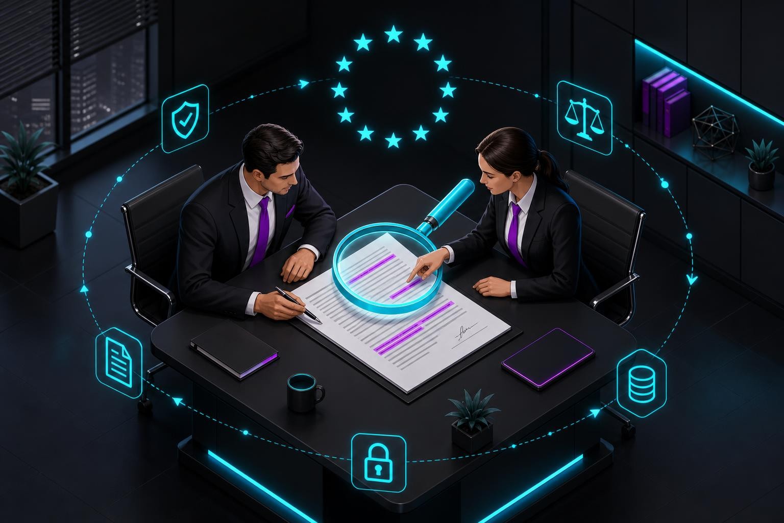 Isometric illustration of two business professionals at a table reviewing a contract document, with a magnifying glass highlighting specific clauses, surrounded by data flow icons and EU stars, clean office environment