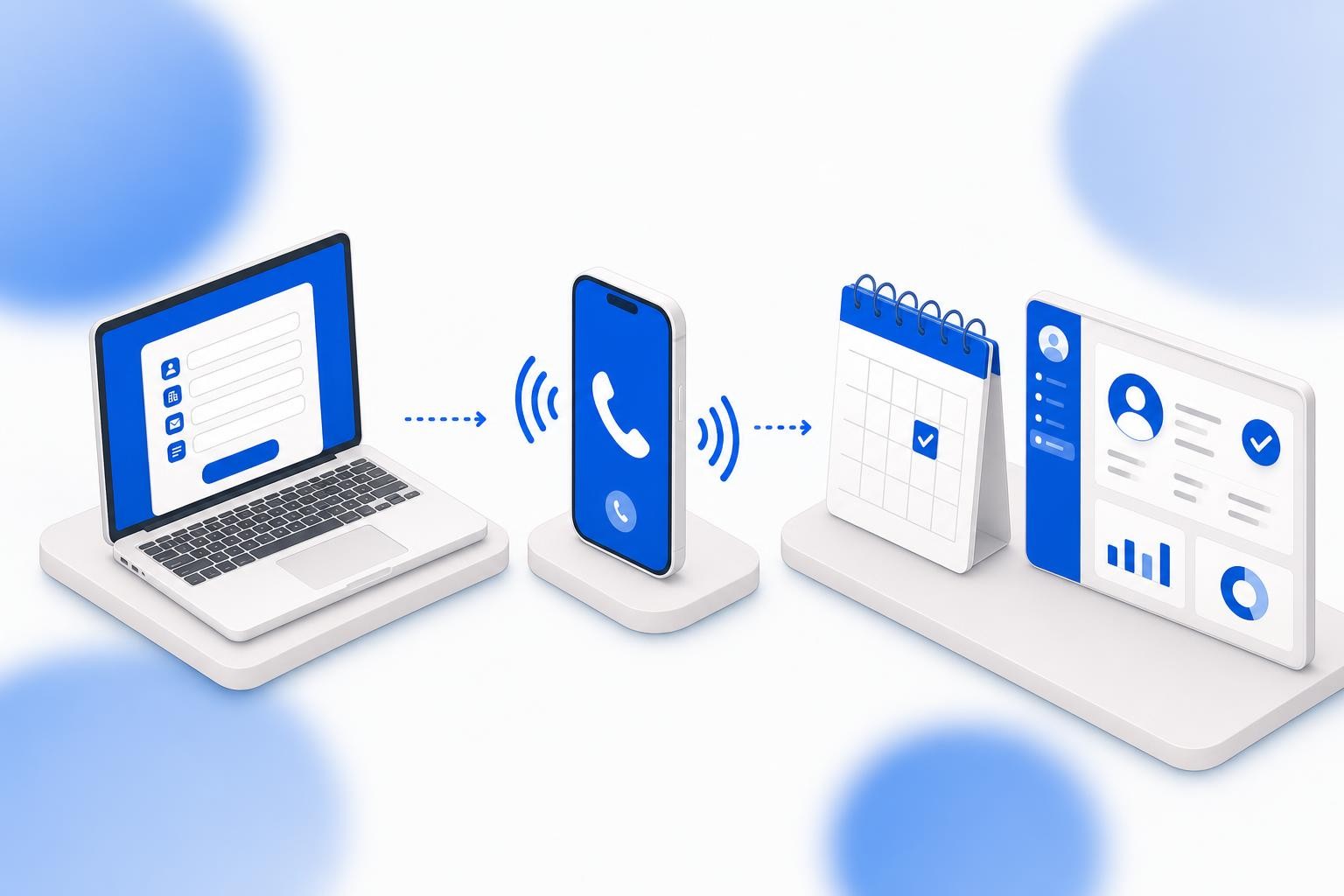 Isometric illustration of a B2B sales funnel: on the left side, a web form being submitted on a laptop screen; in the center, a stylized phone with sound waves representing an AI voice call; on the right side, a calendar with a confirmed meeting slot and a CRM dashboard showing a qualified lead. Clean, professional, minimal color palette, soft shadows.