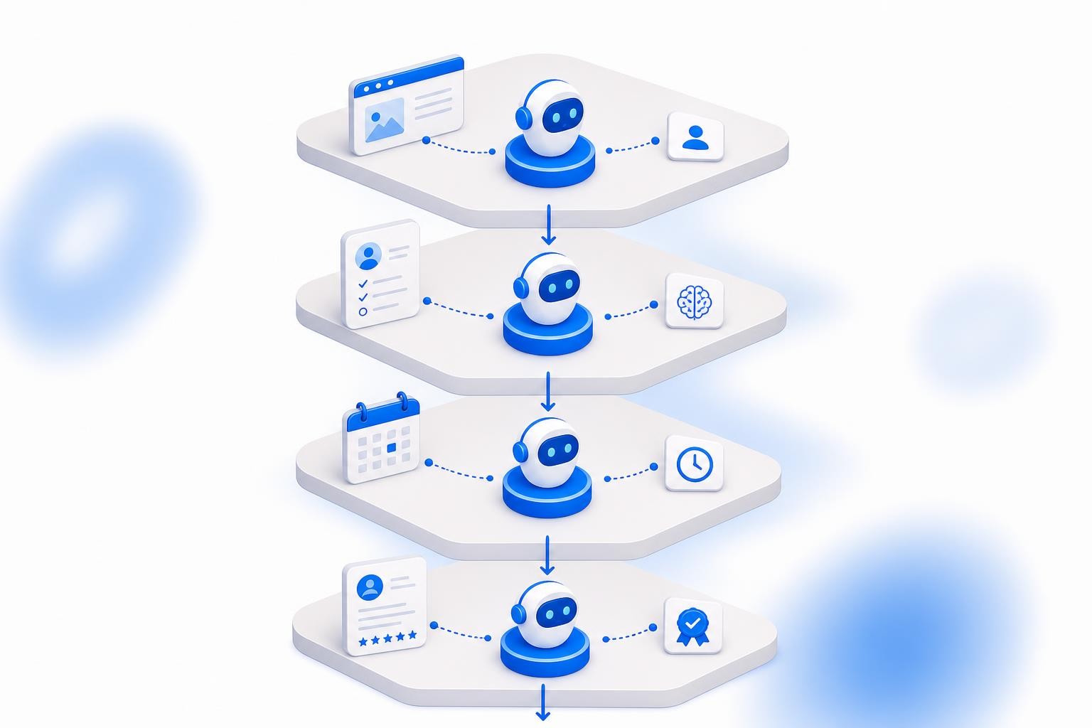 Isometric illustration of a B2B marketing funnel with AI agent nodes at each stage - website visitor enters at top, passes through automated qualification and meeting booking steps, exits as a qualified lead at the bottom. Clean, minimal, tech-forward composition.