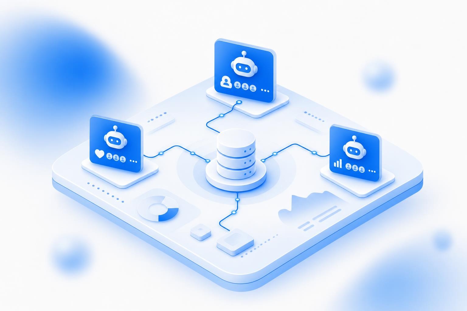Isometric illustration of a single shared command console showing multiple AI agent cards - sales, service, and marketing - all connected by data lines flowing from a central CRM database, clean minimal style, soft blue and white tones