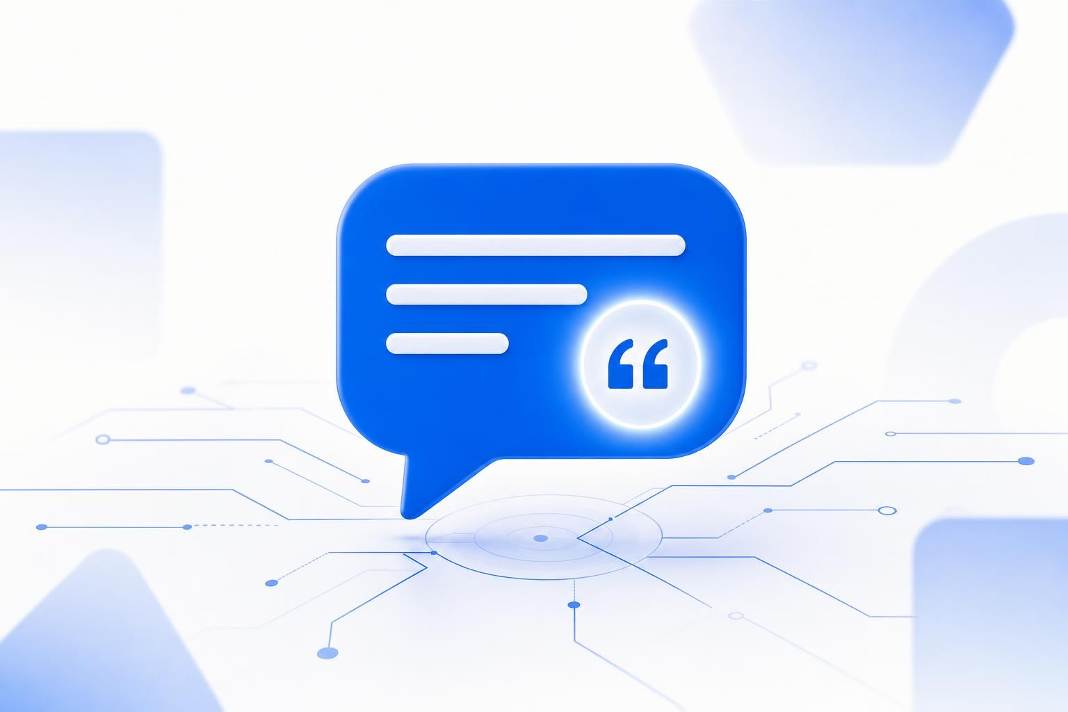 Soft pastel minimal illustration in Nukipa brand blue (#0054C9) on a light #FAFAFA background. Concept: a B2B brand becoming the cited answer inside an AI chat/answer engine - a stylized chat answer bubble with a highlighted citation or quote mark, clean geometric shapes, subtle circuit/connection lines. Modern, calm, professional, no text.