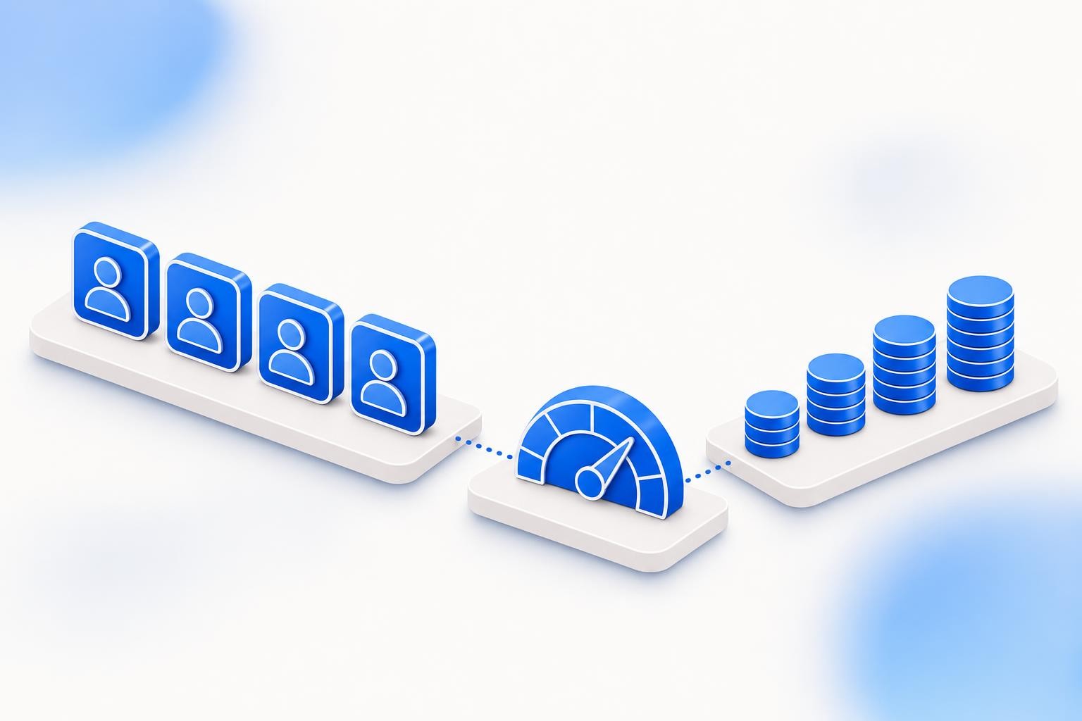 Nukipa brand style: clean, near-white background, soft blue gradient blobs, glossy 3D isometric objects in Nukipa blue with subtle white outline glyphs, floating on soft white platforms, thin dotted connector lines. Concept: a row of identical seat/user-icon tiles transitioning into a metered gauge and a stack of variable-height credit tokens - old fixed model giving way to a hybrid metered one. No text or numbers in the image.