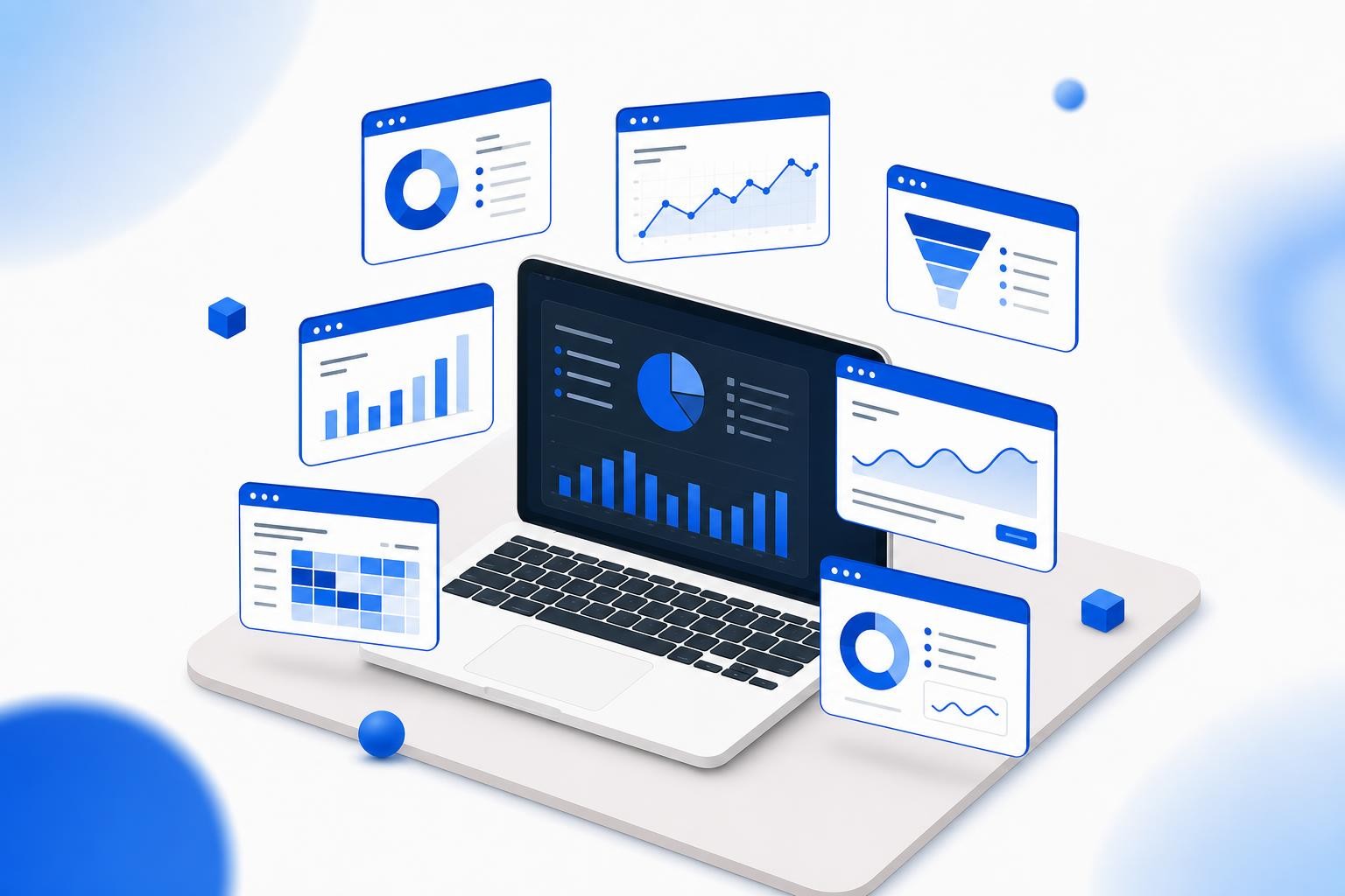 Isometric illustration of a small B2B office desk with multiple disconnected tool windows floating above a laptop screen, each showing a different marketing dashboard - all unconnected, with no visible data flow between them. Soft, neutral office lighting.