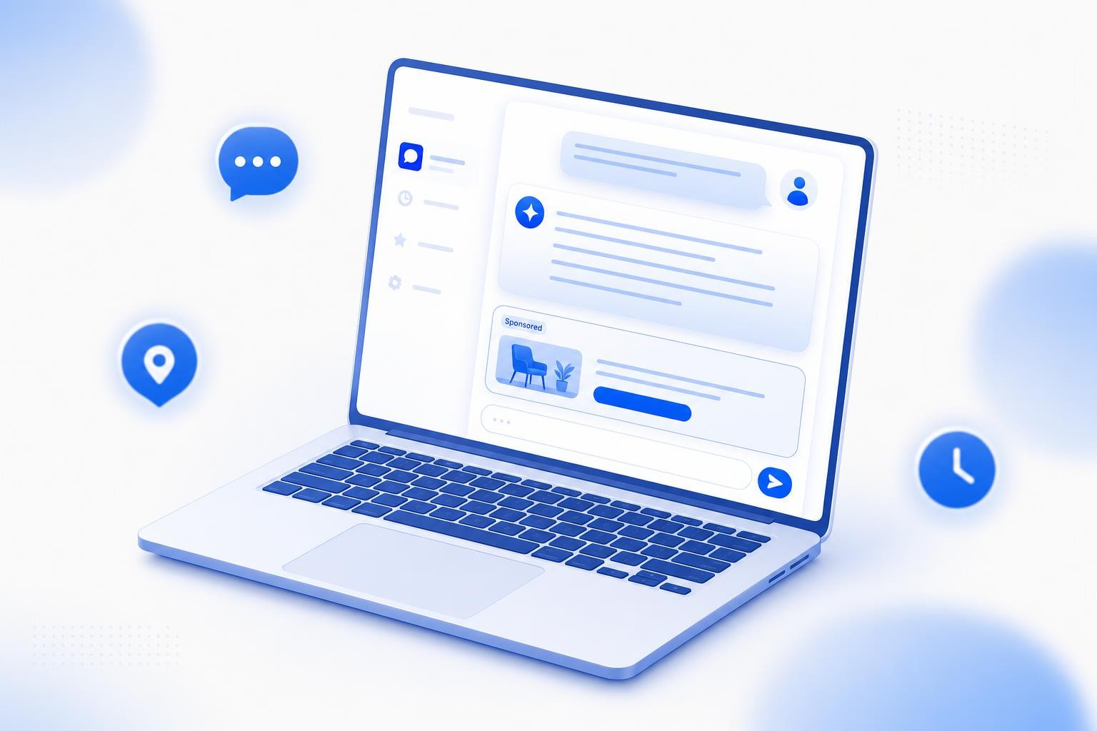 Isometric illustration of a laptop screen showing a chat interface with a clearly labeled 'Sponsored' box appearing below an AI-generated answer, surrounded by floating icons representing context signals like conversation bubbles, location pin, and clock