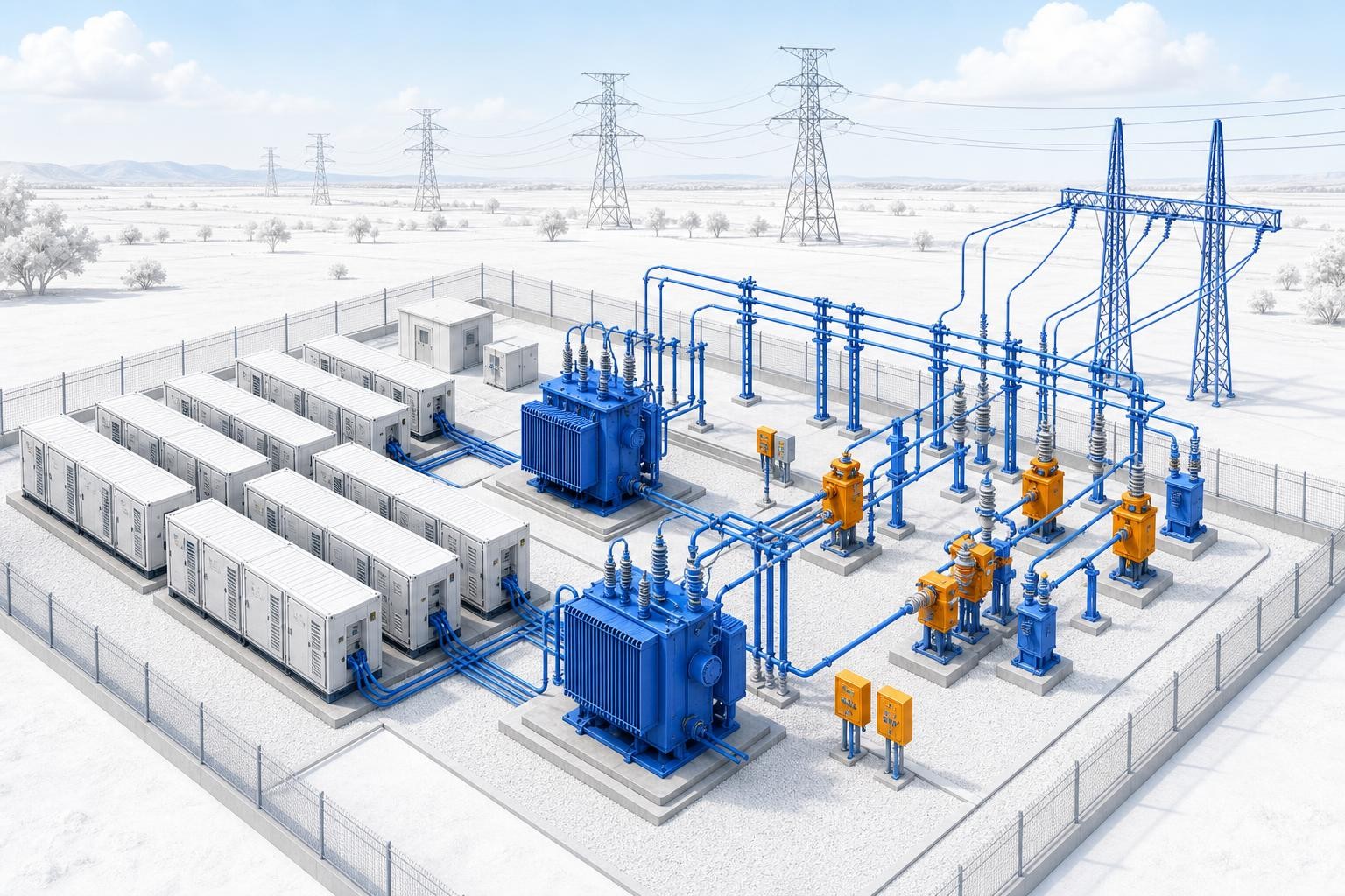 Isometric technical diagram of a large-scale battery energy storage system connected to a high-voltage substation via transformers and busbars, with protection relays and circuit breakers highlighted, set against an open landscape with transmission towers in the background