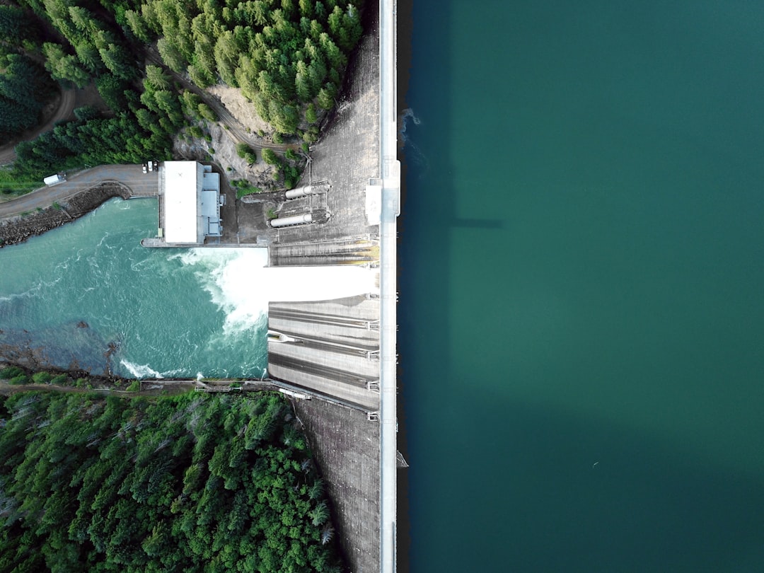 Aerial view of a concrete dam releasing water into a river near pine forests