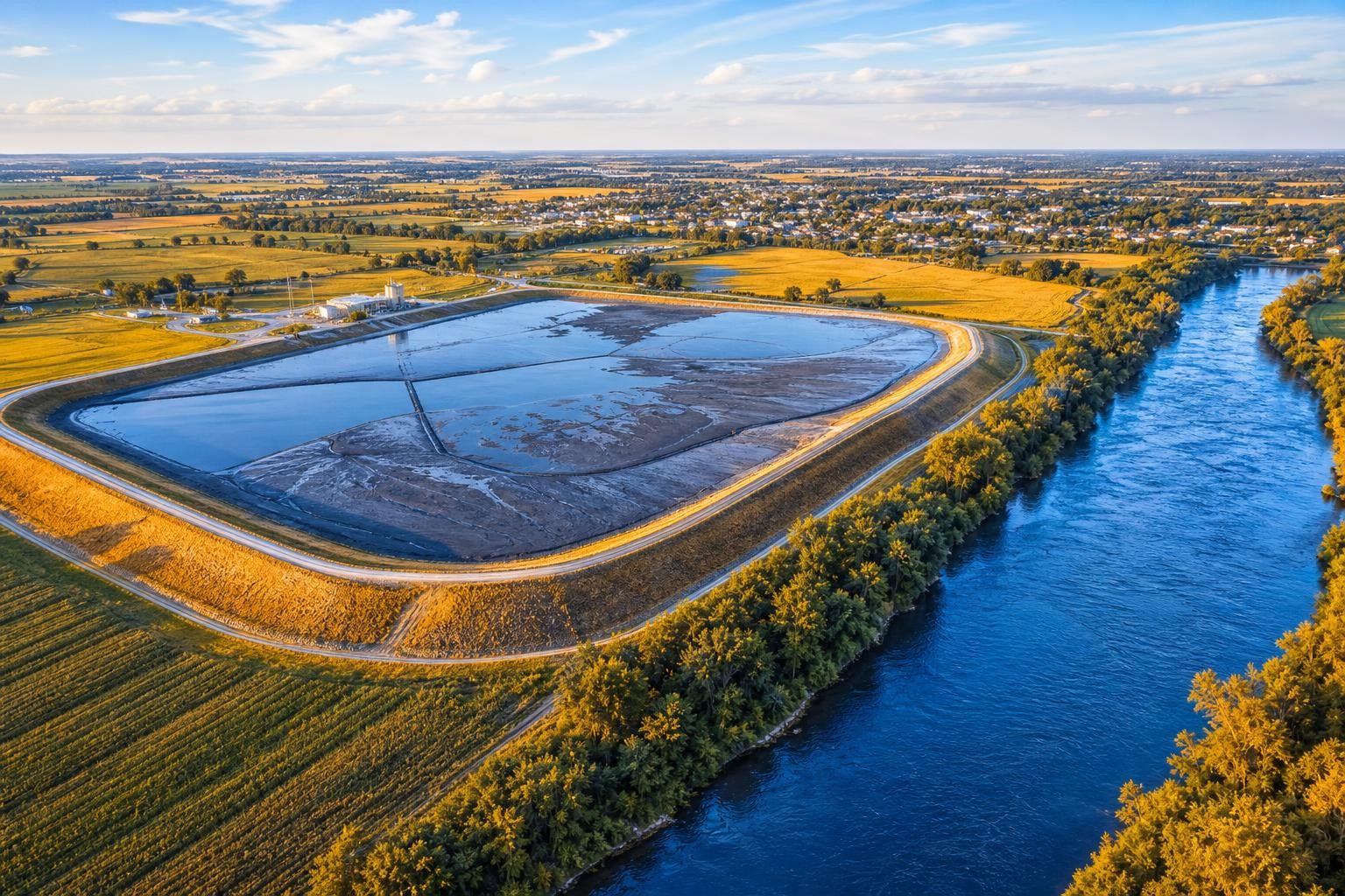 Aerial view of a coal ash impoundment pond adjacent to a river in rural Indiana, late afternoon light, industrial containment berms visible, surrounding farmland and a small town in the background