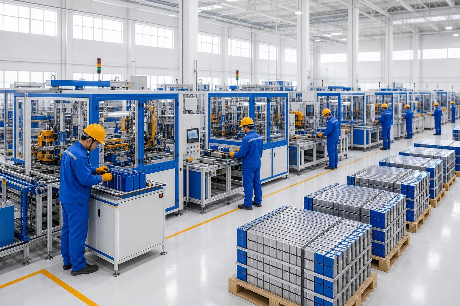 Isometric illustration of a large battery manufacturing facility interior in Indiana, with rows of prismatic cell production equipment, workers in safety gear at inspection stations, and pallets of battery modules ready for shipping