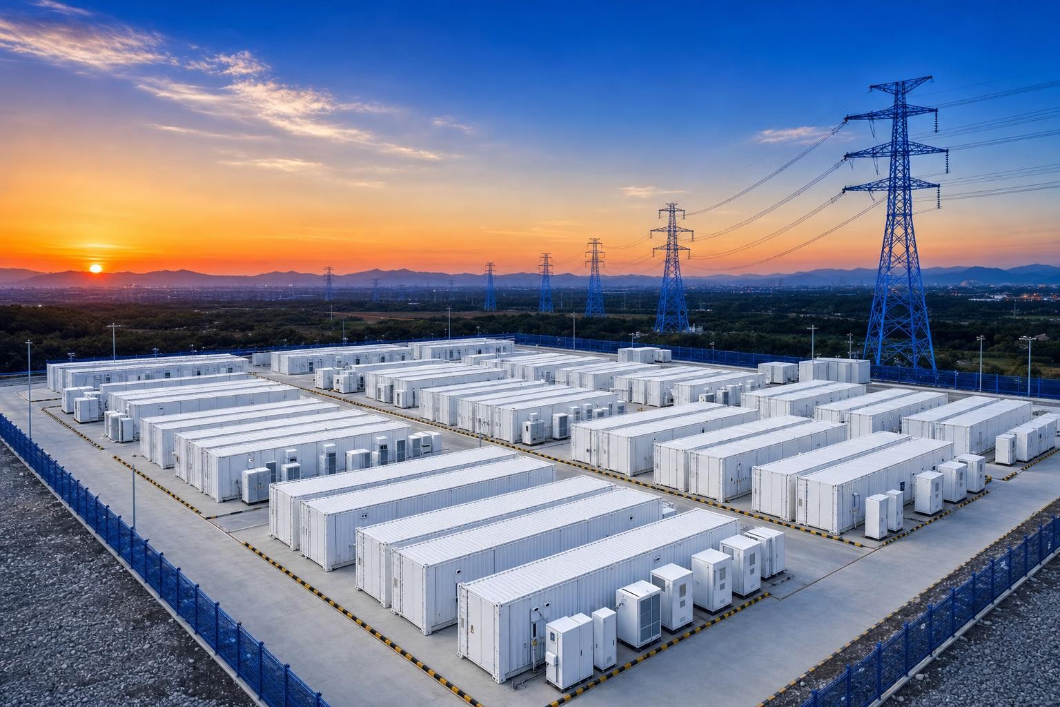 Aerial isometric illustration of a large utility-scale battery energy storage facility at dusk, rows of white containerized BESS units on a concrete pad, transmission lines in the background, soft orange and blue sky