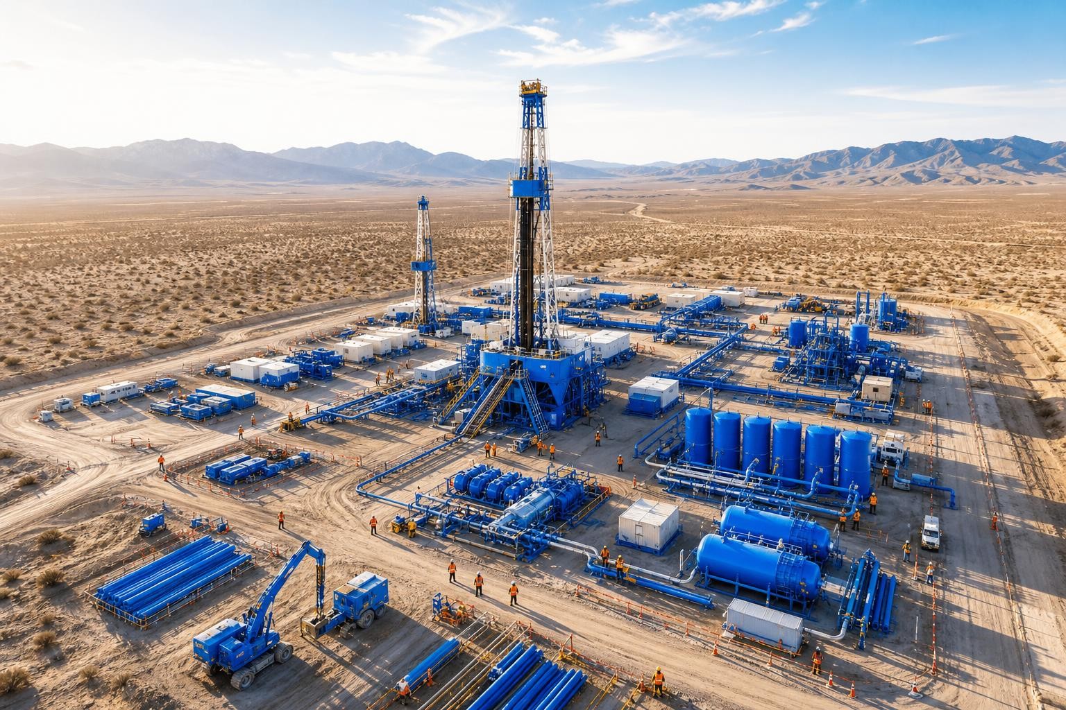 Aerial view of an enhanced geothermal energy plant under construction in a high desert landscape, drilling rigs and infrastructure visible, wide open terrain, late afternoon light casting long shadows