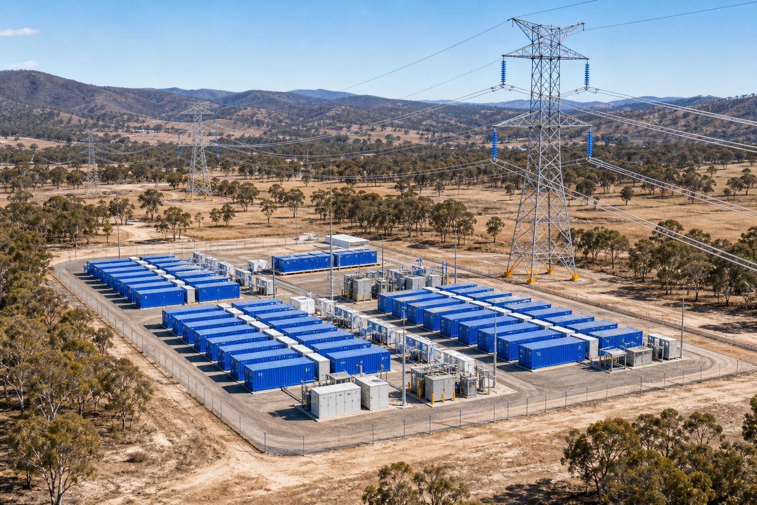 Aerial illustration of a large utility-scale battery energy storage system on flat cleared land in rural New South Wales, Australia, with 330kV transmission lines crossing the property and a dry eucalyptus landscape in the background