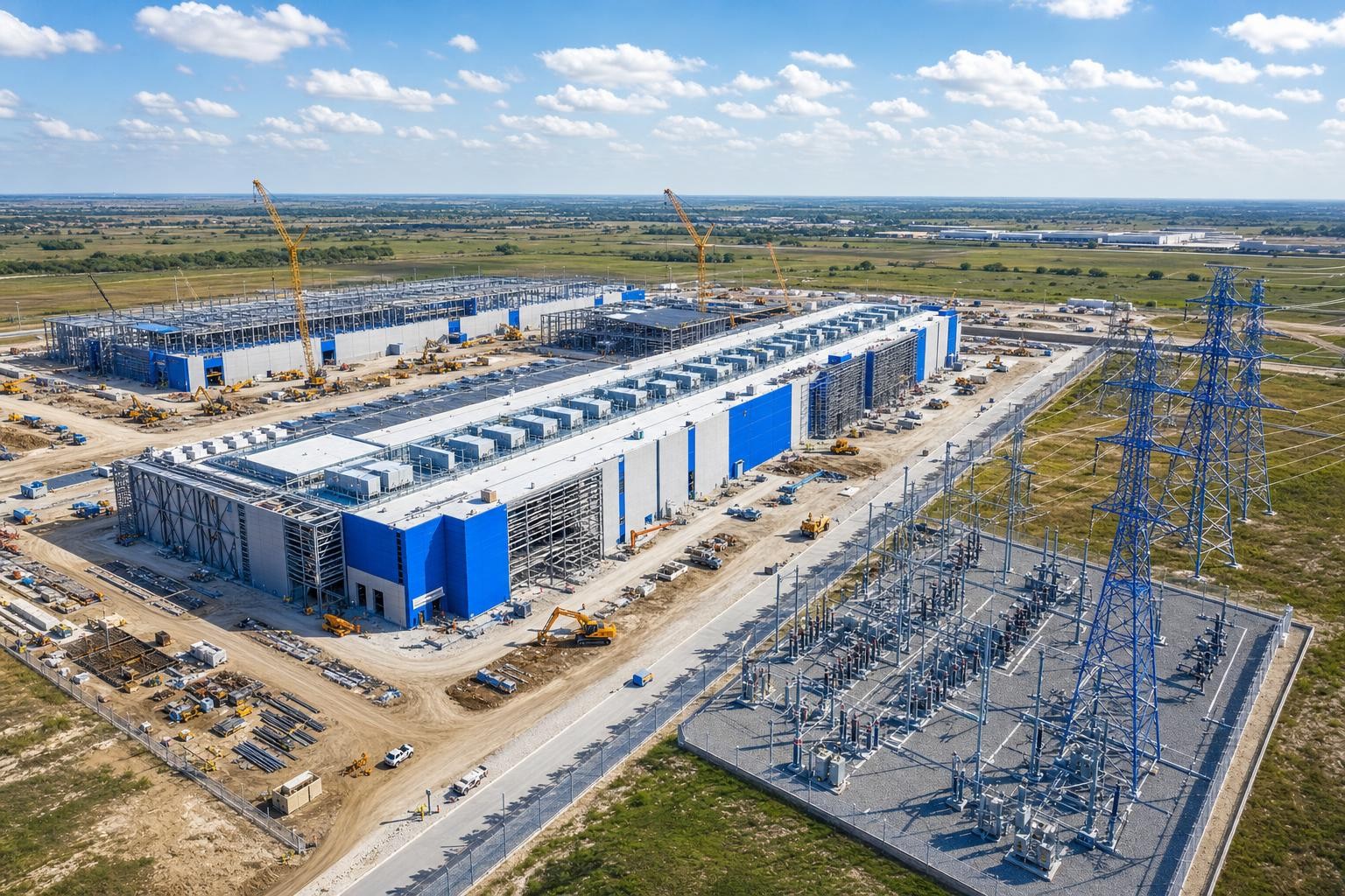 Aerial isometric illustration of a large Texas data center campus under construction adjacent to high-voltage transmission towers and substation equipment, daytime, wide open landscape