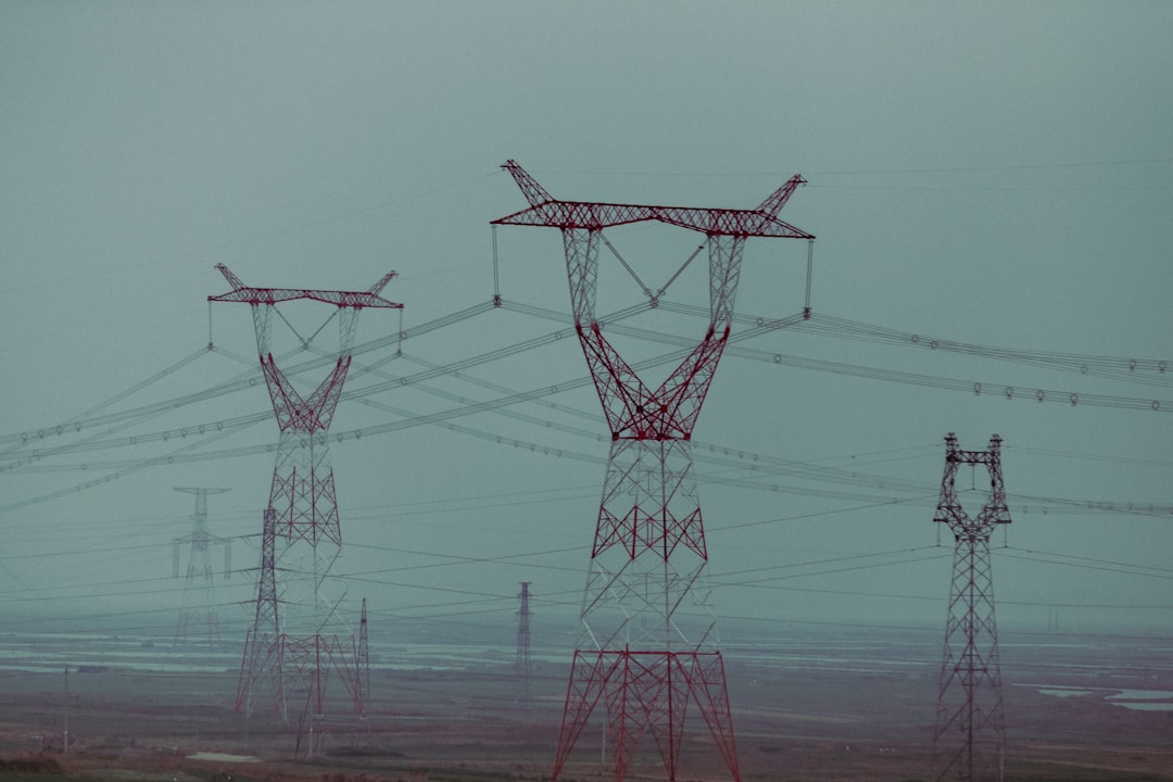 Multiple electricity pylons and power lines under a grey sky.