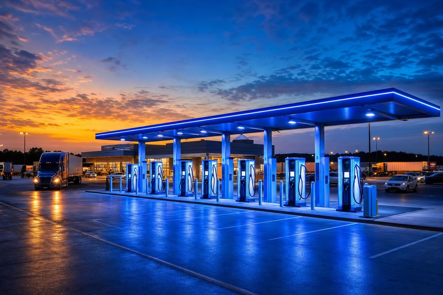 Wide-angle view of a highway travel center at dusk, with a row of illuminated DC fast charging stalls under a canopy, semi-trucks and passenger vehicles in the background, dramatic sky with warm and cool tones