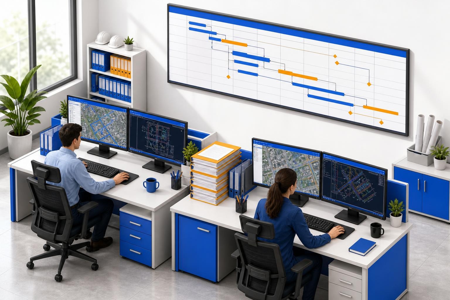 Isometric illustration of a utility engineering office: two engineers at workstations with split screens showing GIS maps on one side and CAD drawings on the other, stacks of printed project folders between them, a large wall-mounted project schedule in the background showing overlapping timelines