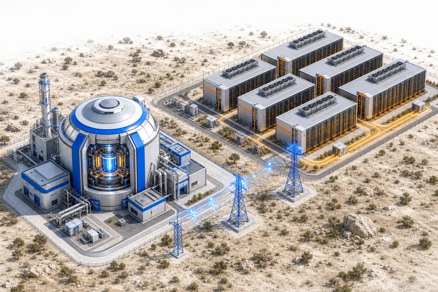 Isometric illustration of a compact fusion power plant connected by transmission lines to a large data centre campus, set in a semi-arid landscape, daytime, clean architectural lines, no people