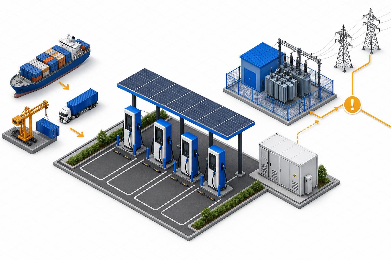 Isometric diagram of a commercial EV charging hub with four DC fast chargers, a battery storage cabinet, and a utility substation connection, with supply chain arrows flowing in from overseas shipping containers and a grid interconnection line showing a bottleneck symbol