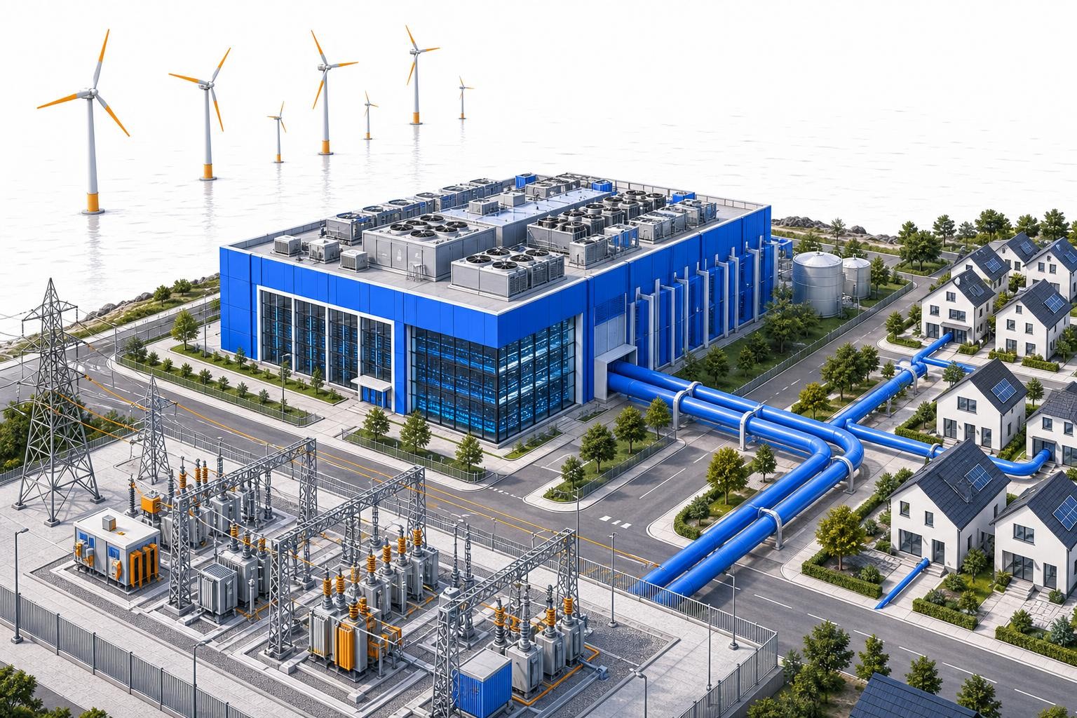 Aerial isometric illustration of a modern data centre facility on a coastal industrial site in Denmark, with wind turbines visible offshore in the background, district heating pipes running from the building toward a residential area, and a grid substation in the foreground