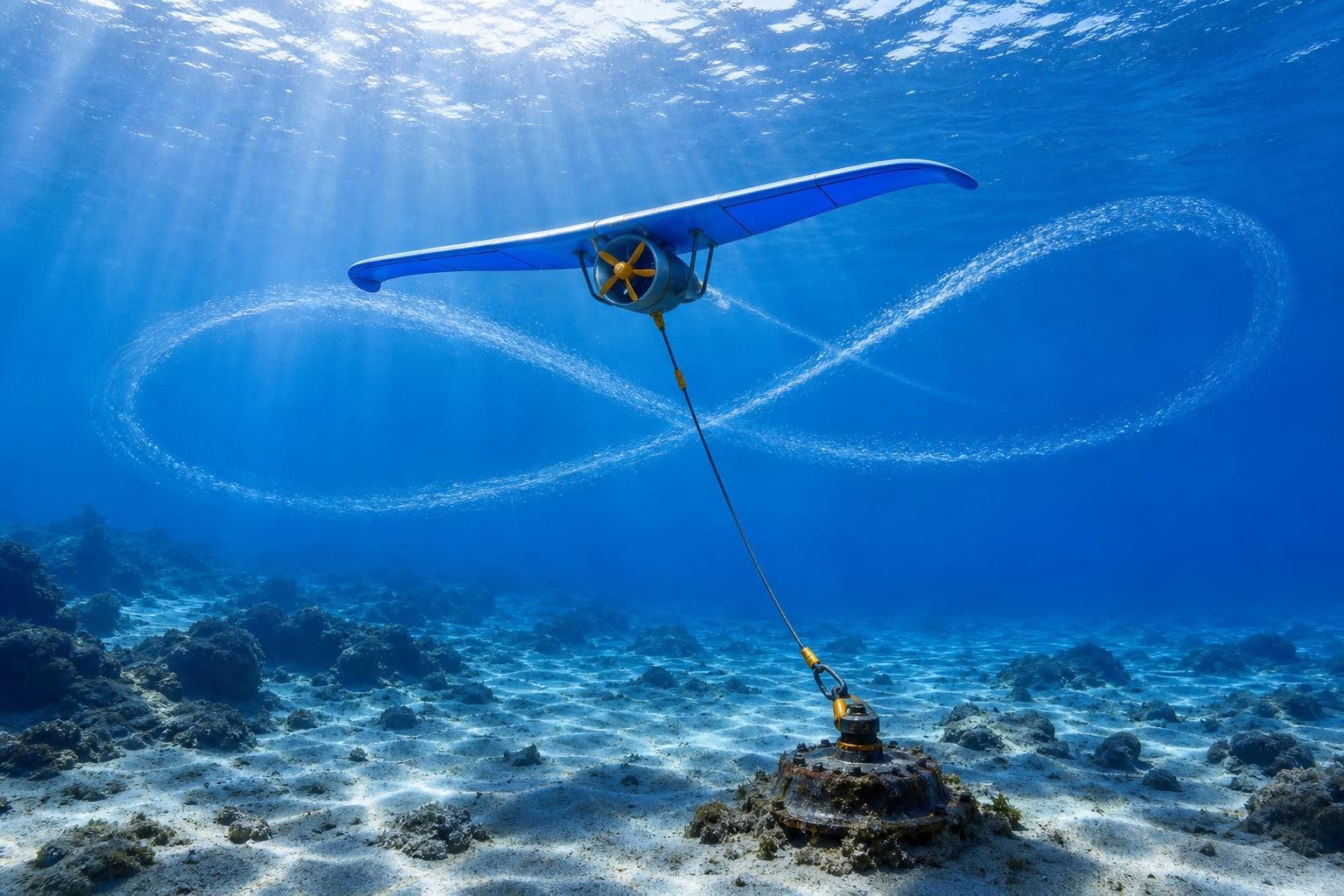 Underwater illustration of a tidal kite tethered to the seabed, flying in a figure-of-eight trajectory through an ocean current, with a turbine mounted beneath the wing and a cable running down to the seafloor anchor point