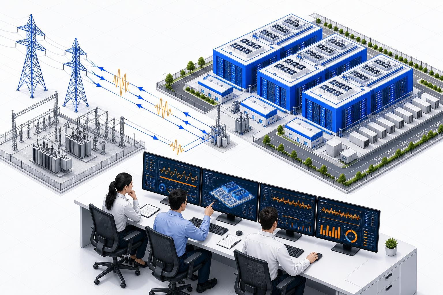 Isometric diagram of a large AI data center campus connected to a high-voltage transmission substation, with arrows showing bidirectional power flow and oscillation waveforms overlaid on the transmission lines, engineers reviewing study results on monitors in the foreground