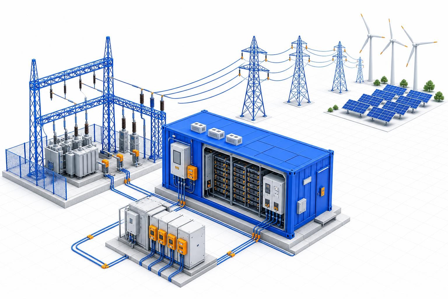 Isometric diagram of a grid-forming battery energy storage system connected to a high-voltage transmission substation, with protection relay equipment visible, power lines extending to wind turbines and solar panels in the background, clean technical illustration style