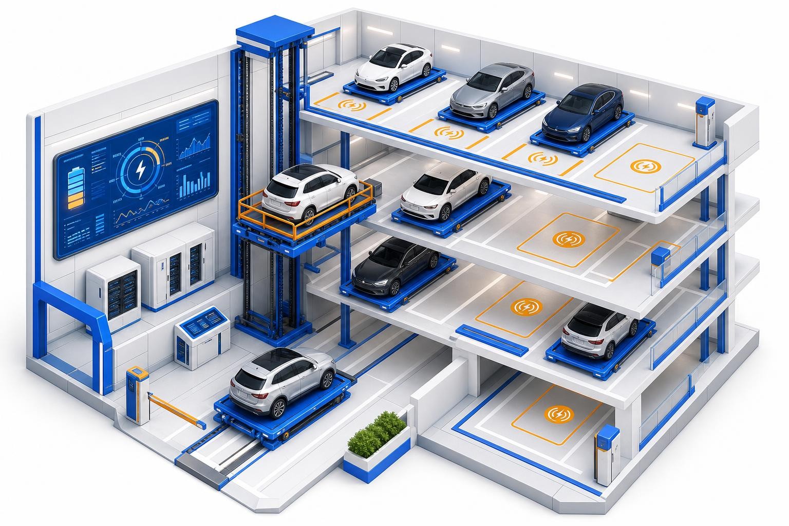 Isometric diagram of a multi-level automated robotic parking garage with wireless charging pads embedded in each parking bay floor, robotic platforms positioning vehicles over the pads, and a central energy management dashboard visible on a wall-mounted screen