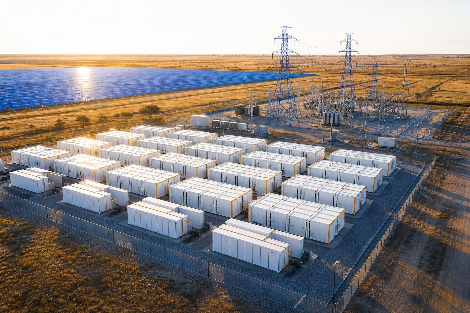 Aerial illustration of a large utility-scale battery energy storage facility in a flat Texas landscape, rows of white battery enclosures arranged in a grid pattern, a solar farm visible in the background, transmission lines leading to a substation, late afternoon light casting long shadows