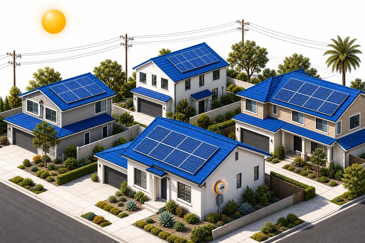 Isometric illustration of a California suburban neighborhood at midday, rooftop solar panels on multiple homes, a smart meter on a house exterior, and a power line in the background with a sun high in the sky indicating peak solar hours