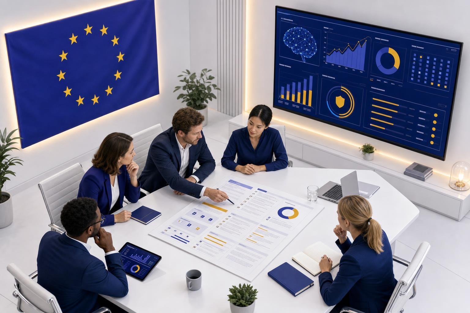 Isometric diagram showing a compliance team at a conference table reviewing a structured document, with a large EU flag and a digital AI system dashboard visible in the background, clean legal-tech illustration style