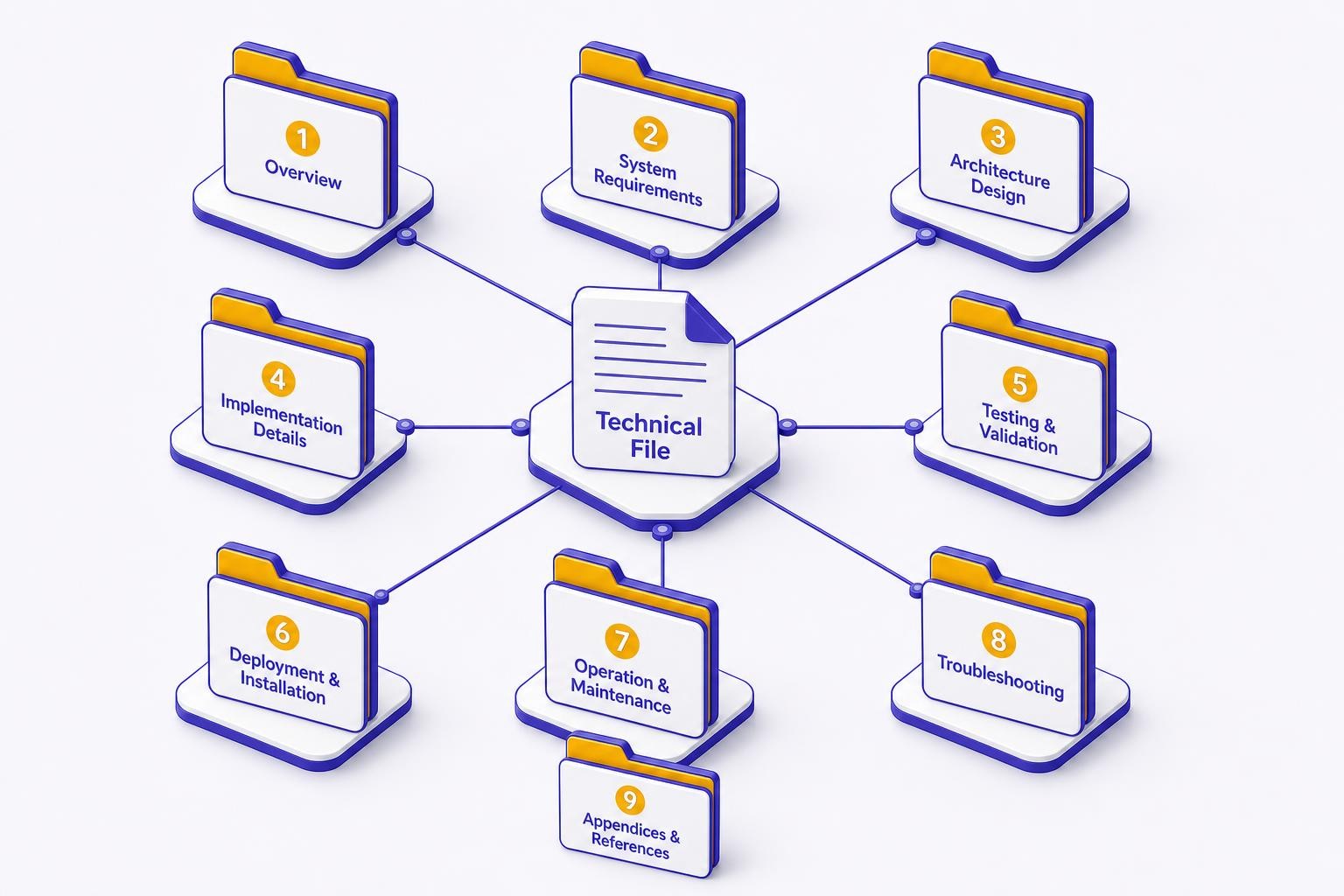 A clean isometric diagram showing nine numbered folders arranged in a structured grid, each labelled with a short section title, connected by thin lines to a central document labelled 'Technical File', on a light neutral background