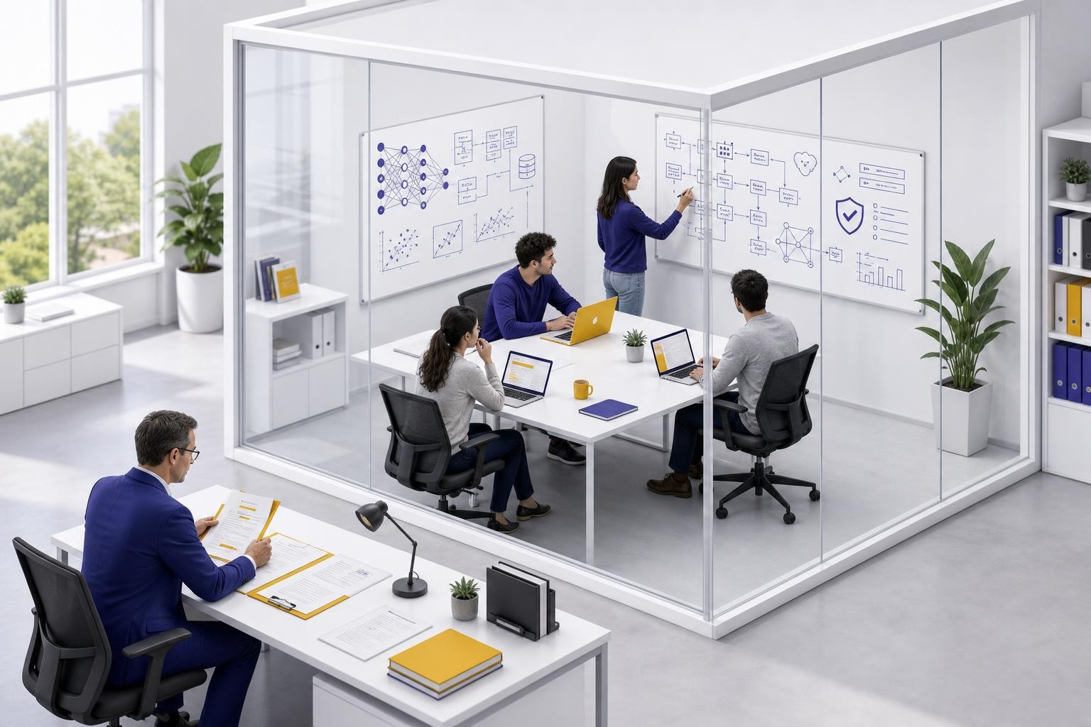 Isometric illustration of a modern regulatory office with a glass-walled testing room. Inside the room, a small startup team works at laptops and whiteboards showing AI system diagrams. Outside the glass, a regulator reviews documents at a desk. Clean, professional atmosphere with soft natural light.