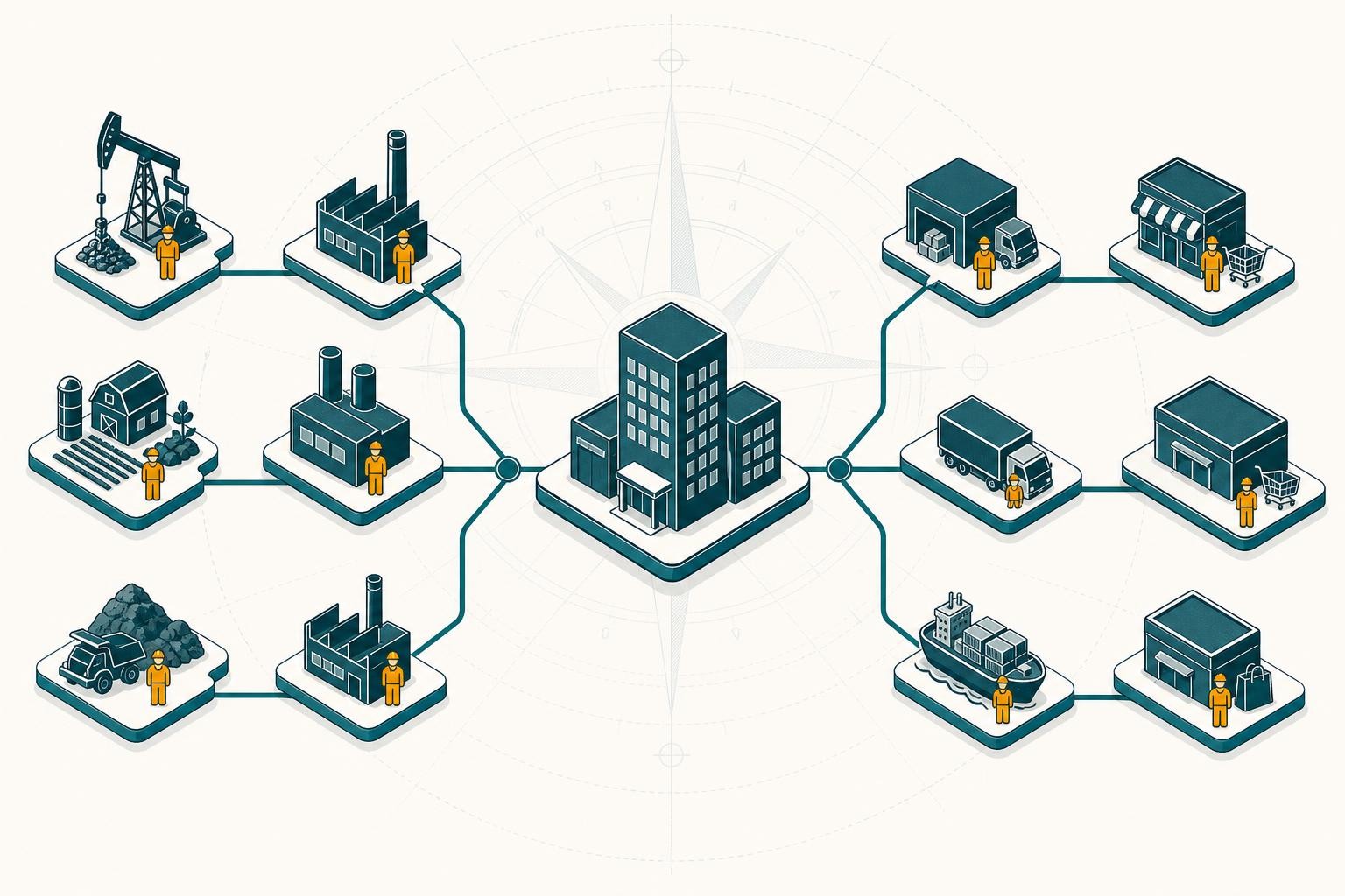 Isometric diagram showing a company at the centre connected by lines to upstream supplier tiers (factories, farms, raw material extractors) and downstream partners (logistics, retail). Worker icons at each node are highlighted in amber. Clean, minimal, diagrammatic style.
