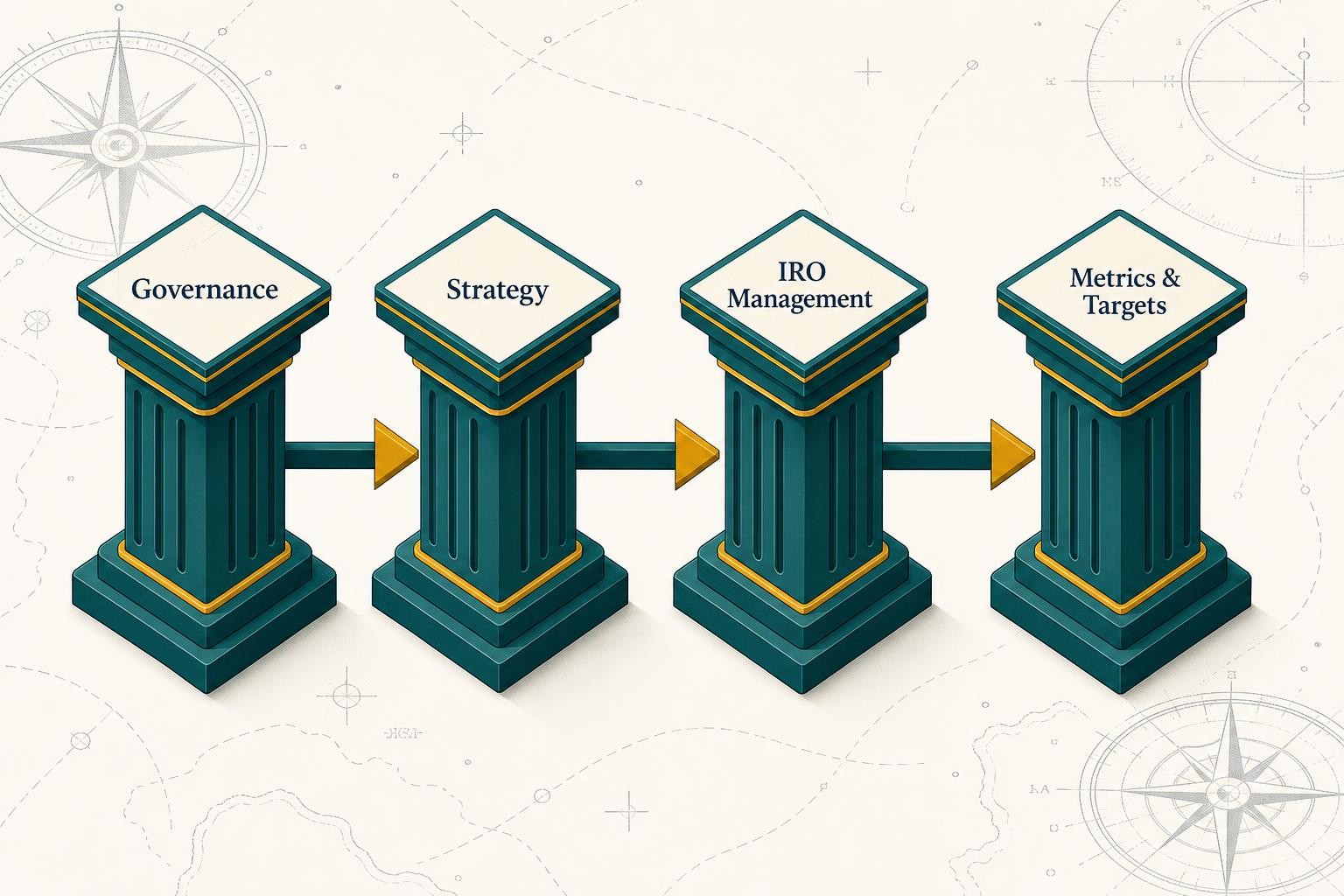 Clean isometric diagram showing four connected pillars labeled Governance, Strategy, IRO Management, and Metrics & Targets, arranged in a horizontal flow with arrows between them, representing the ESRS 2 reporting architecture