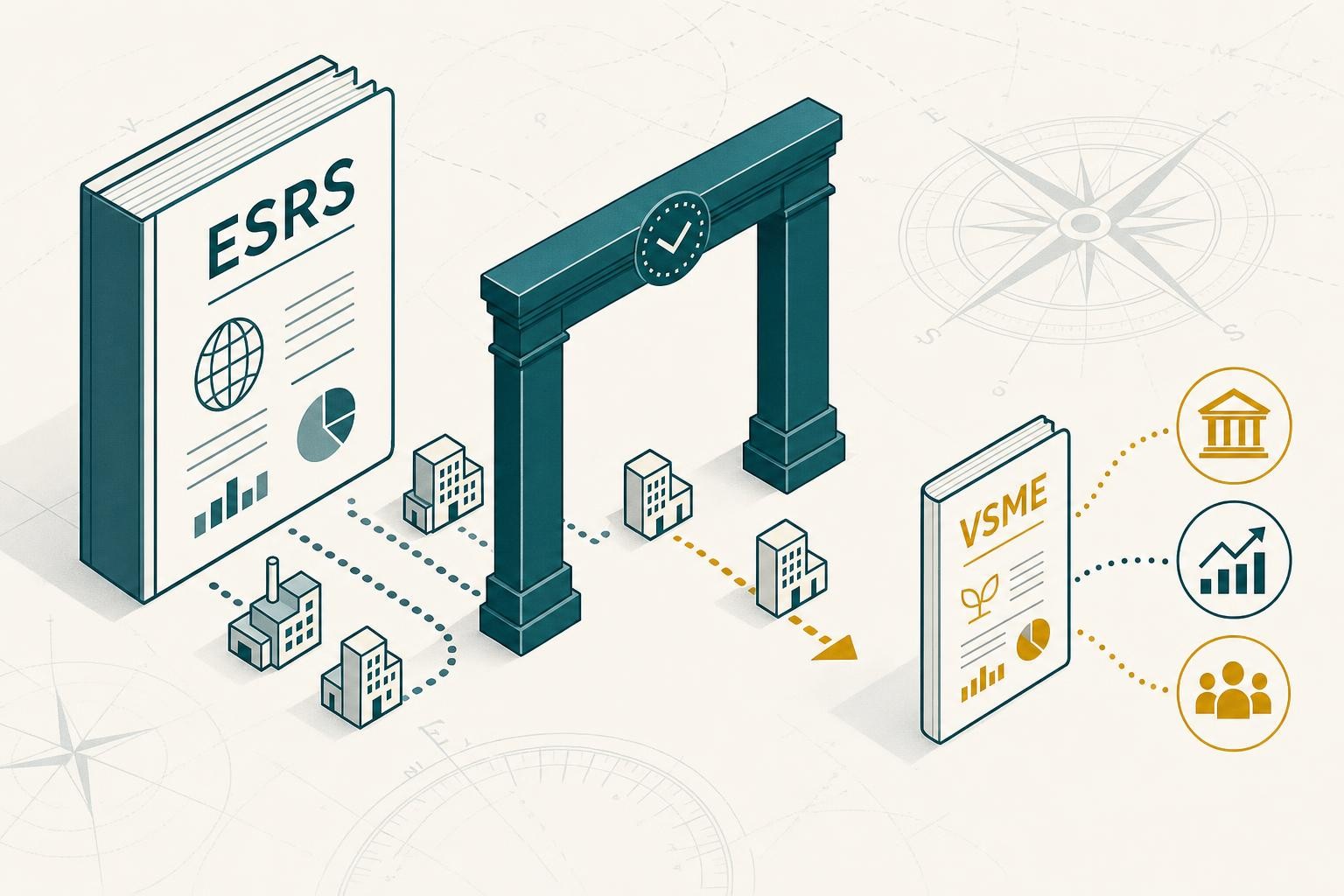 Editorial cover for a post on voluntary VSME sustainability reporting for companies out of CSRD scope. Diagrammatic/typographic: a threshold/gate showing companies falling out of scope, a lightweight "VSME" report document next to a heavy "ESRS" one, signals of bank/investor/customer demand. Petrol-teal and amber on warm off-white. No leaves, no globes, no stock office photos.