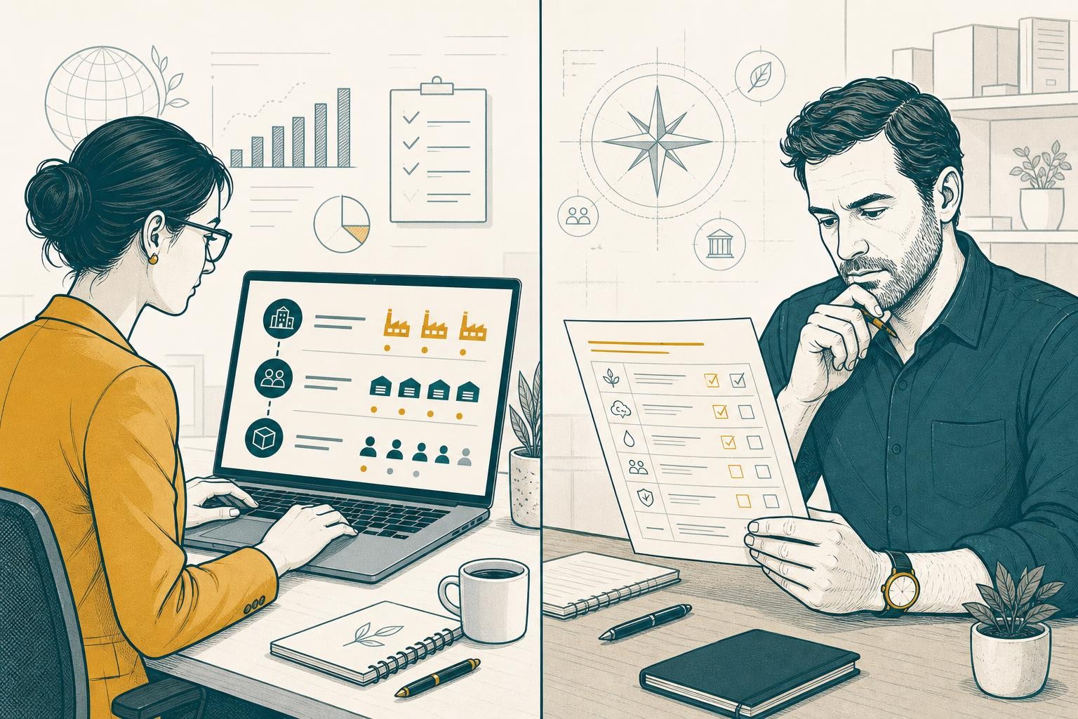A clean split-screen illustration: on the left, a sustainability manager at a large company reviewing a tiered supplier list on a laptop screen; on the right, a small business owner at a desk reviewing a short sustainability questionnaire form. Neutral office settings, daylight, professional atmosphere.