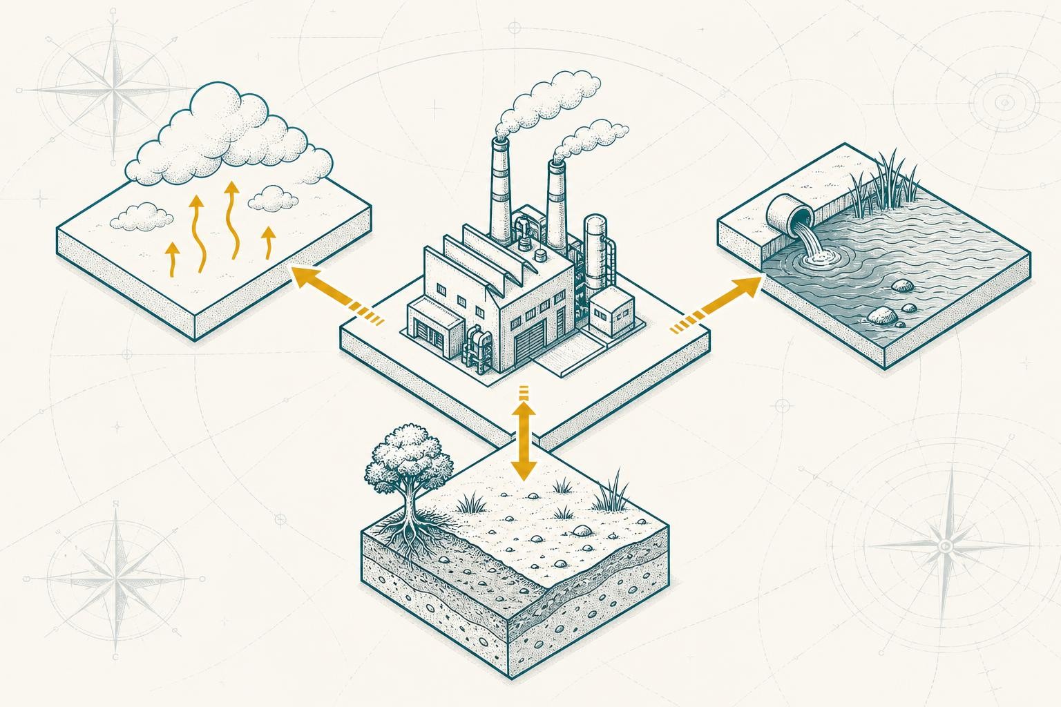 Isometric diagram showing four interconnected zones - air, water, soil, and a factory - with arrows indicating pollutant flows between industrial operations and each environmental medium, clean and schematic style