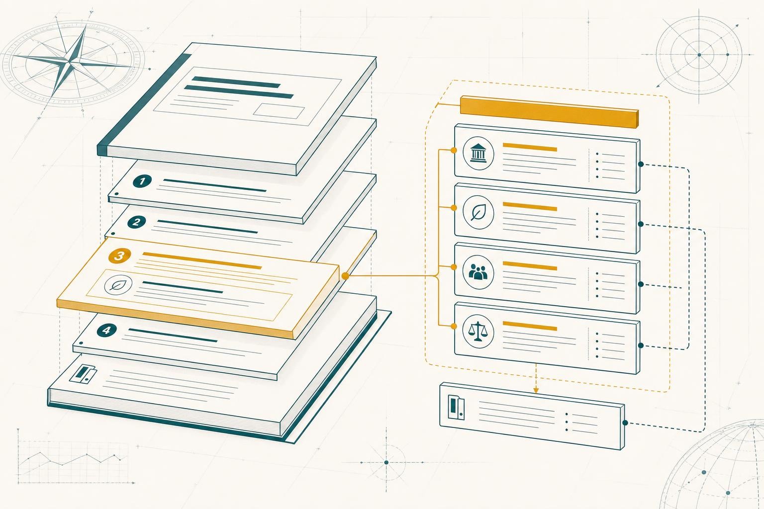 Document architecture: an exploded structural diagram of a management report showing a dedicated sustainability statement section, its four blocks (General, Environmental, Social, Governance), plus appendices and cross-reference lines. Clean editorial page-layout wireframe aesthetic. Petrol-teal and warm amber on warm off-white. No leaves, no globes, no stock photography.