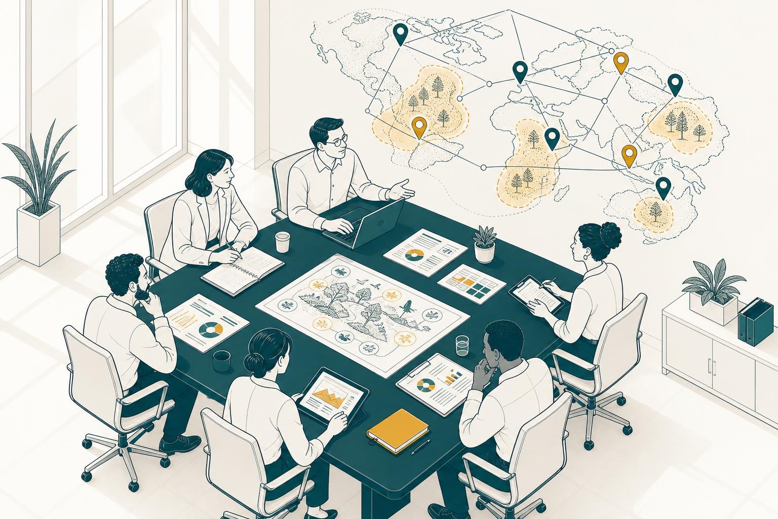 Isometric illustration of a sustainability team at a large conference table, overlaid with a semi-transparent map showing operational site pins connected to green and amber biodiversity-sensitive area zones, natural light from tall windows, clean modern office setting