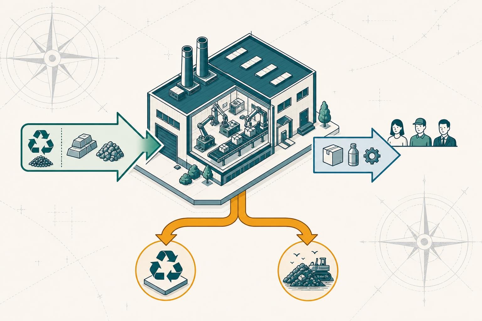 Isometric diagram showing a manufacturing facility with three labeled material flow arrows: green arrow labeled 'Resource Inflows' entering the building (showing recycled and virgin materials), blue arrow labeled 'Resource Outflows - Products' leaving toward customers, and orange arrow labeled 'Waste Outflows' splitting into two paths: one going to recycling/recovery and one to landfill/disposal