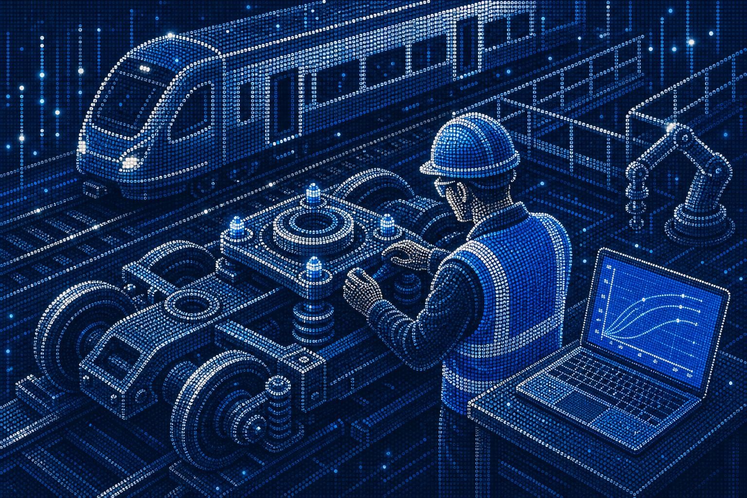 Illustrazione isometrica di una linea di montaggio per veicoli ferroviari: un ingegnere della qualità con gilet di sicurezza che utilizza una chiave dinamometrica elettronica di precisione nel montaggio di un carrello, con un laptop che mostra curve coppia-angolo su un banco di lavoro vicino, ambiente di officina industriale con illuminazione zenitale naturale
